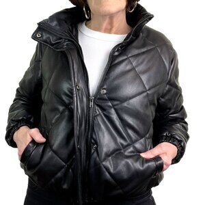 Cisono Black Faux Leather Quilted Bomber Jacket w/ Front Zipper and Snaps